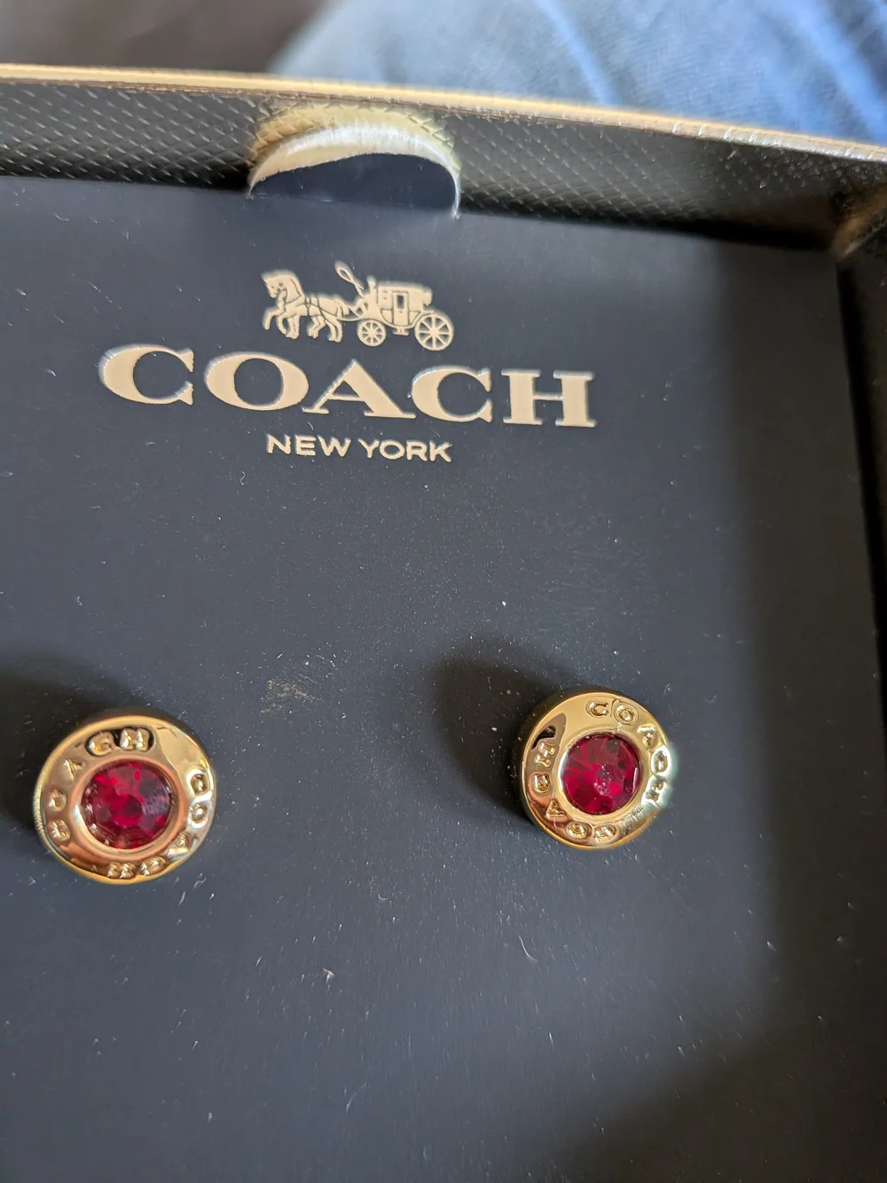 Coach‎ Gold-Tone Earrings with Red Crystal Centers - Picture 5 of 6